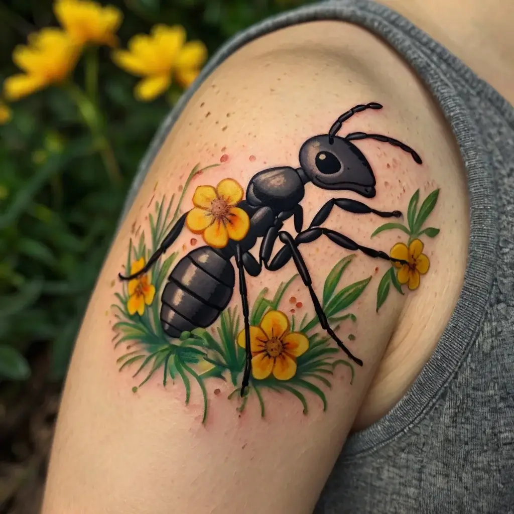 Tattoo of a realistic black ant surrounded by vibrant yellow flowers and green leaves on the upper arm.