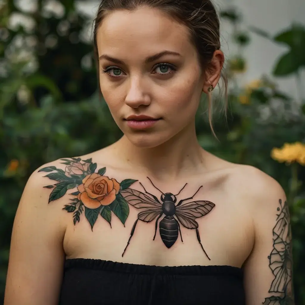 Detailed bee and orange rose tattoo across chest and shoulder, symbolizing beauty, growth, and industriousness.