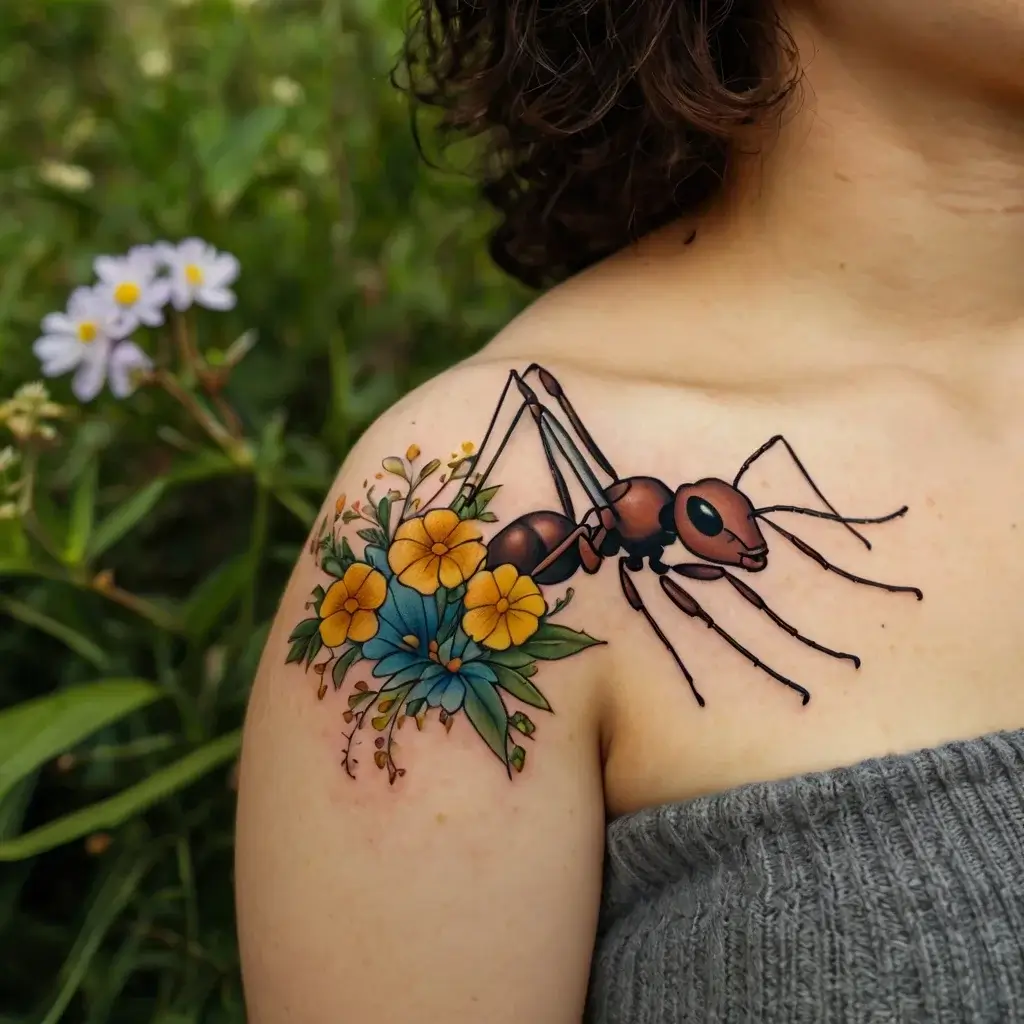 Tattoo of a detailed ant with vibrant blue and yellow flowers, artistically flowing on the upper shoulder.