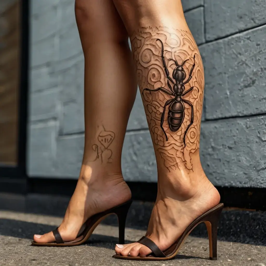 Calf tattoo of a large black ant on an abstract background, paired with a small simple figure on the inner ankle.