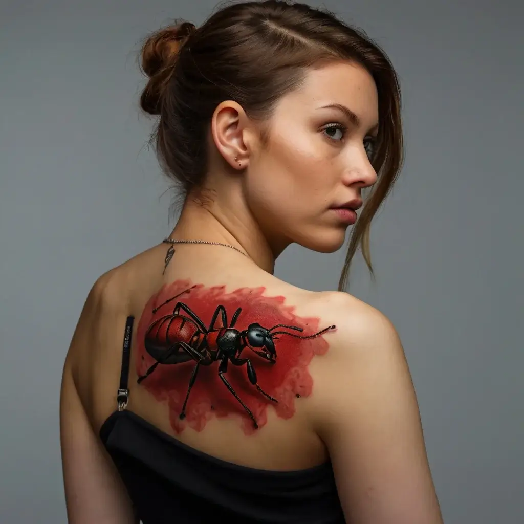 Realistic ant tattoo on shoulder with vibrant red watercolor splash background, creating a striking three-dimensional effect.