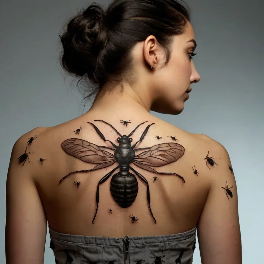 A large, realistic ant tattoo on the back, with detailed wings, surrounded by smaller ants for a nature-inspired design.