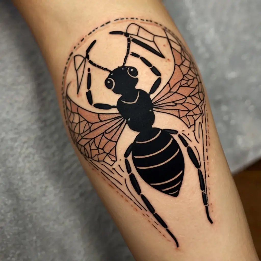 Bold black ant tattoo with intricate geometric wings, surrounded by dotted line elements on the forearm.