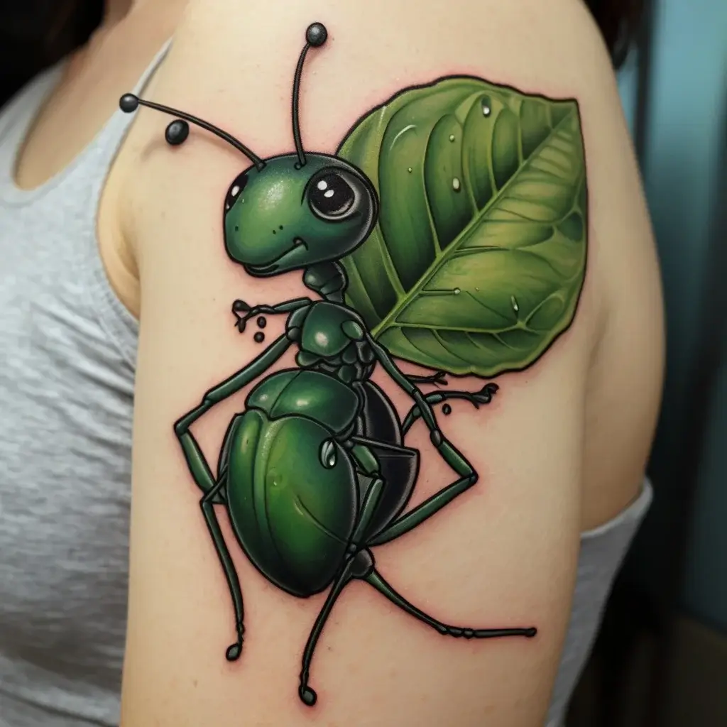 Tattoo of a vibrant green ant with a leaf as wings, styled in a cartoonish, colorful design on the upper arm.