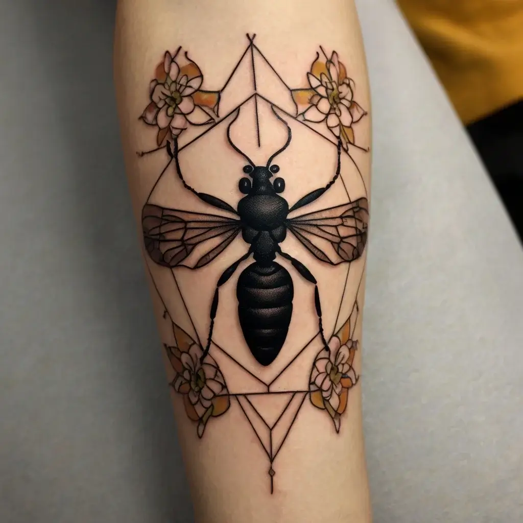 Geometric tattoo of a black bee with delicate wings, framed by hexagons and flowers in earthy tones.