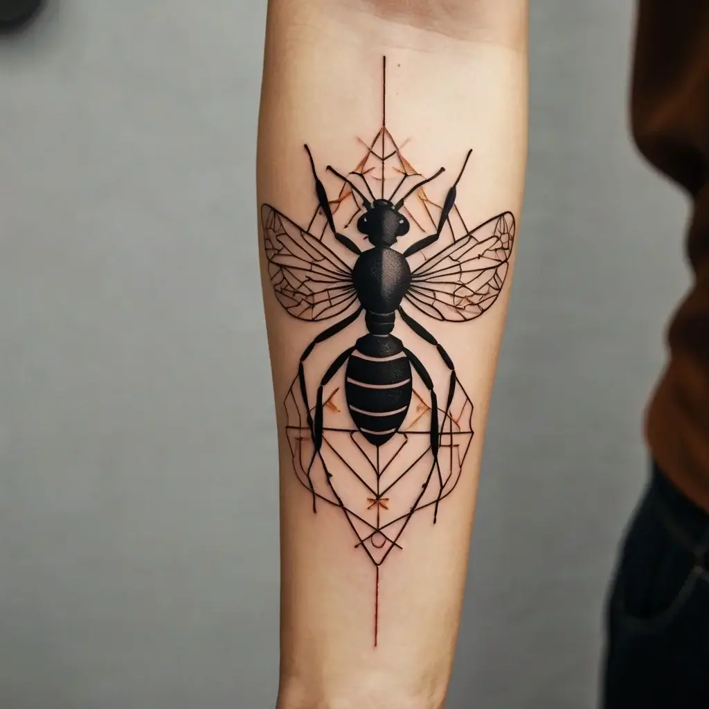 Geometric bee tattoo with black ink, intricate line work, and honeycomb patterns.