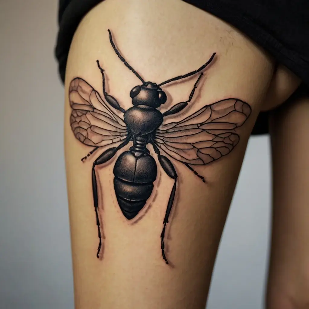 A realistic wasp tattoo on the thigh, showcasing detailed wings and body, shaded in black and gray for depth.