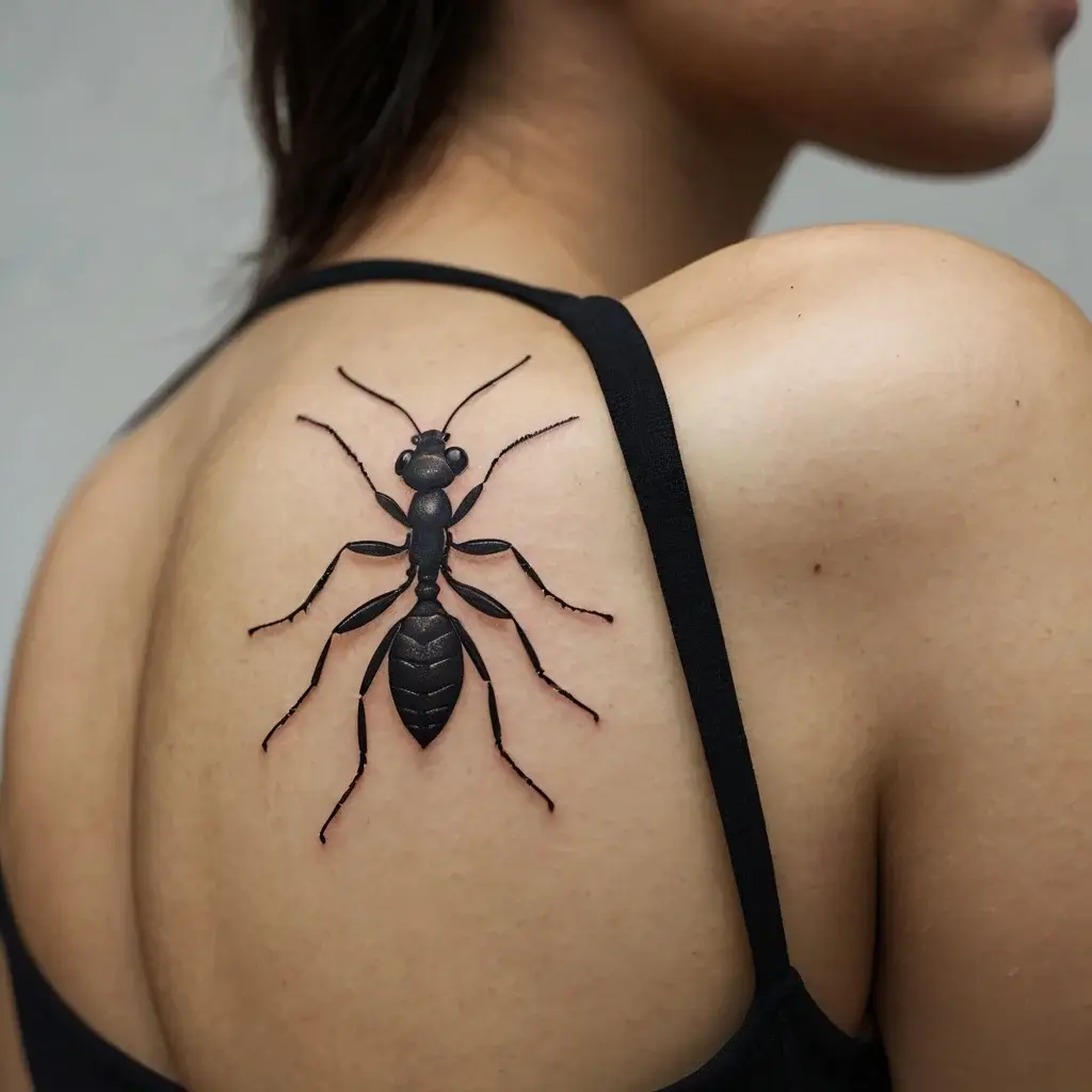 3D black ant tattoo on shoulder, detailed and realistic, capturing intricate body and legs.