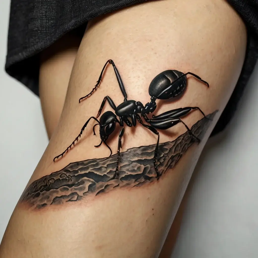 Realistic black ant tattoo with detailed shading, crawling on textured surface, creating a 3D effect on the skin.