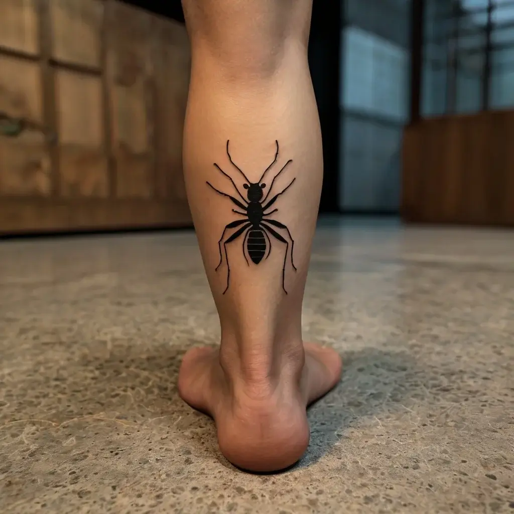 A bold black ant tattoo on the calf, showcasing detailed legs and segmented body, symbolizing strength and teamwork.