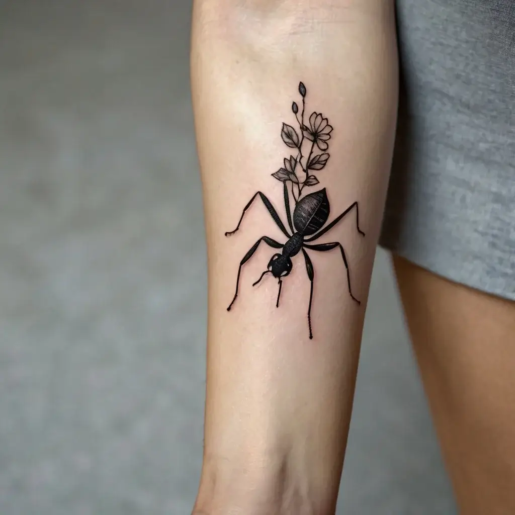 Black ant tattoo with detailed legs and body, adorned with delicate flowers and leaves, symbolizing strength and growth.