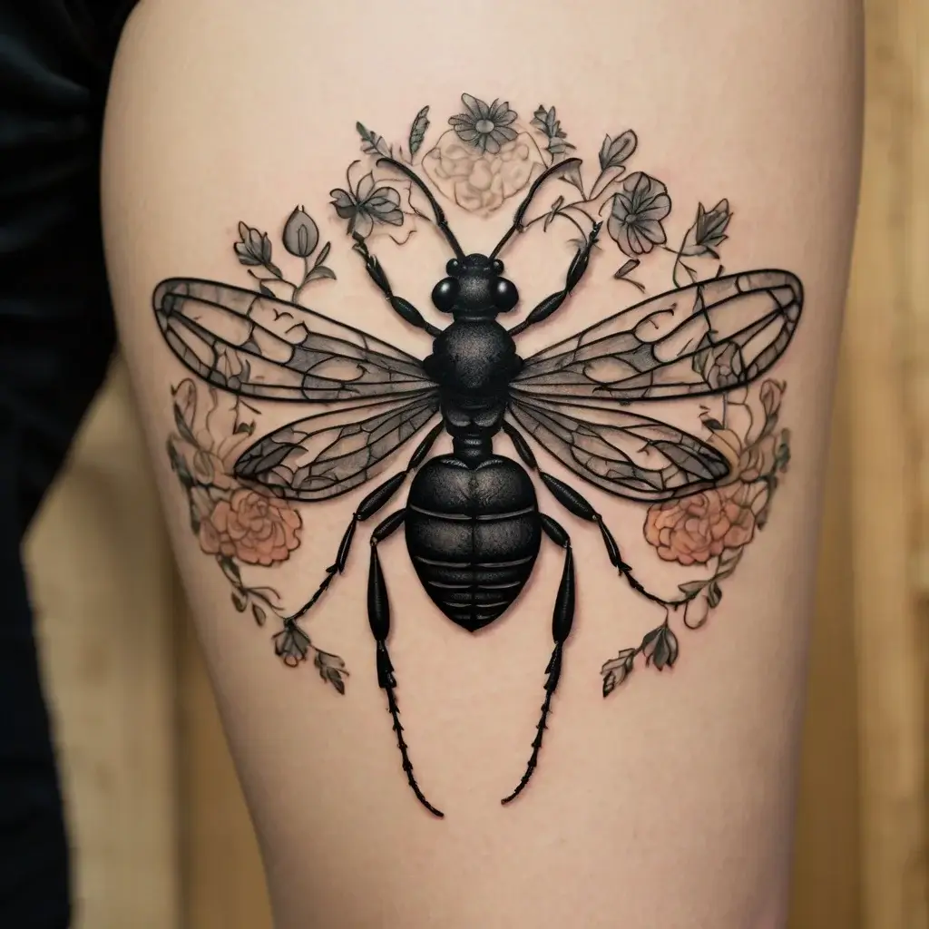 A detailed black and gray insect tattoo with transparent wings, surrounded by delicate flowers on the thigh.