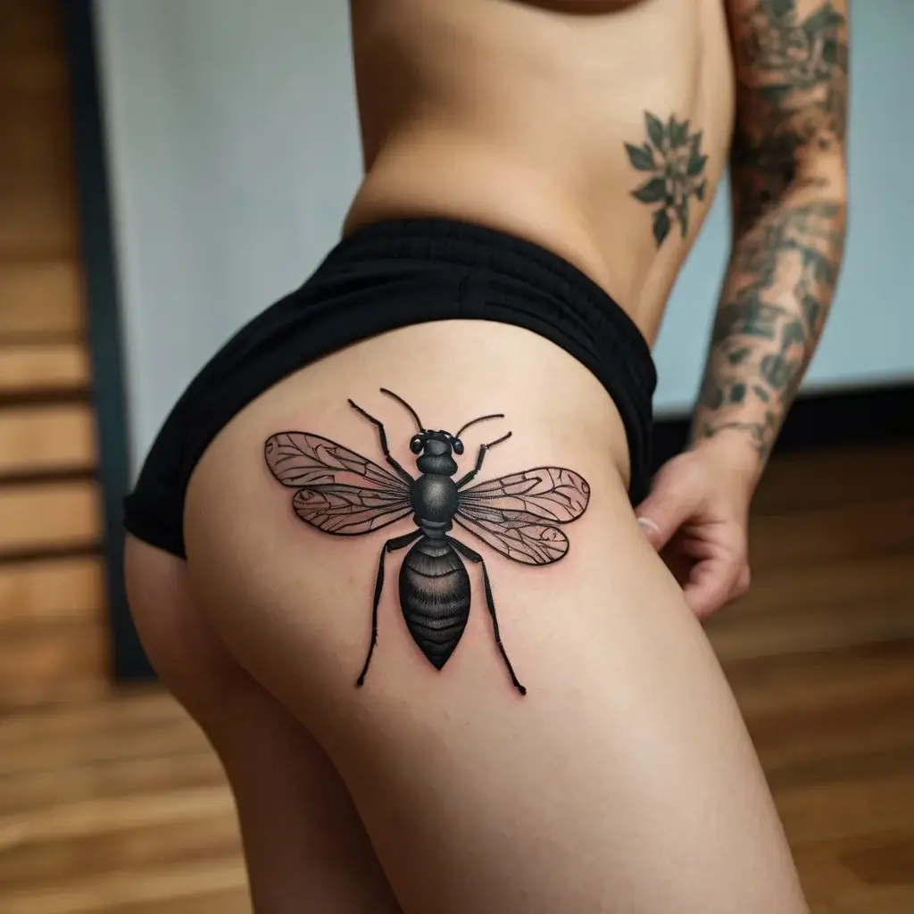 Detailed bee tattoo with realistic shading and intricate wing patterns on upper thigh, showcasing bold black and gray tones.