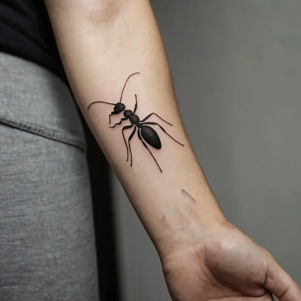 Black ant tattoo on forearm with realistic shading and detail, symbolizing strength and teamwork.