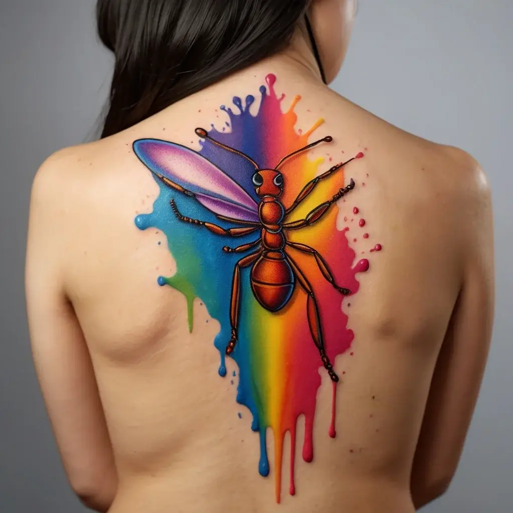 Tattoo of a realistic ant on a back, set against vibrant rainbow splashes, creating a dynamic, colorful look.