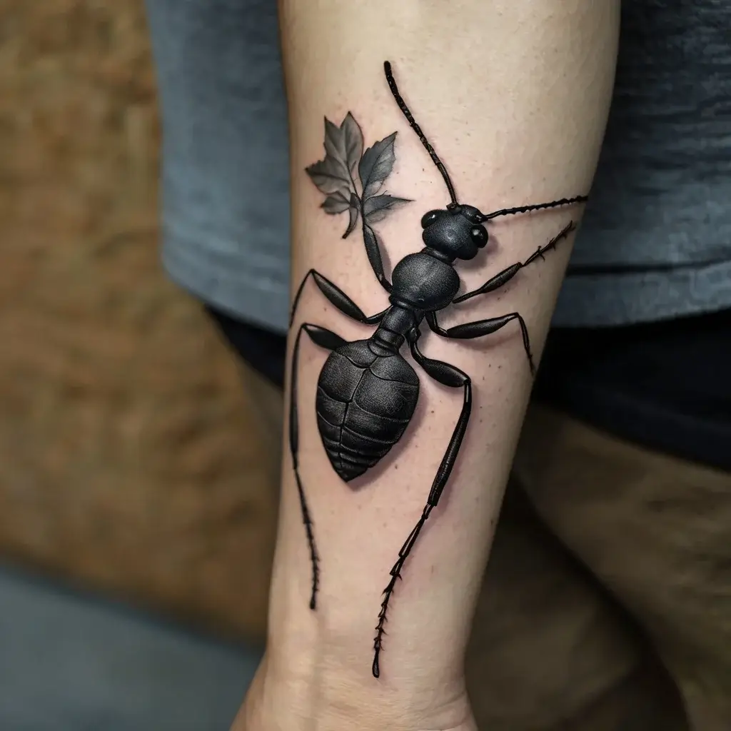 3D black ant tattoo with a realistic leaf on forearm, showcasing intricate shading and detail in a lifelike style.