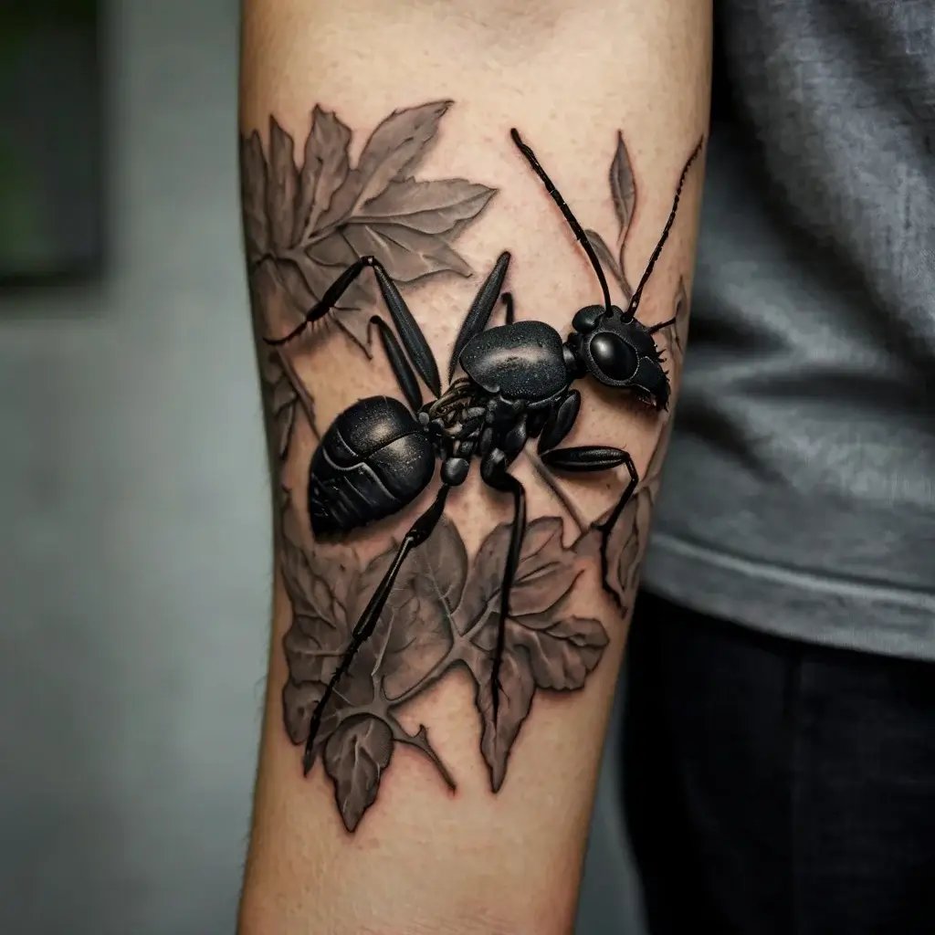 Realistic 3D black ant tattoo with detailed leaves, creating a vivid, lifelike design on the forearm.