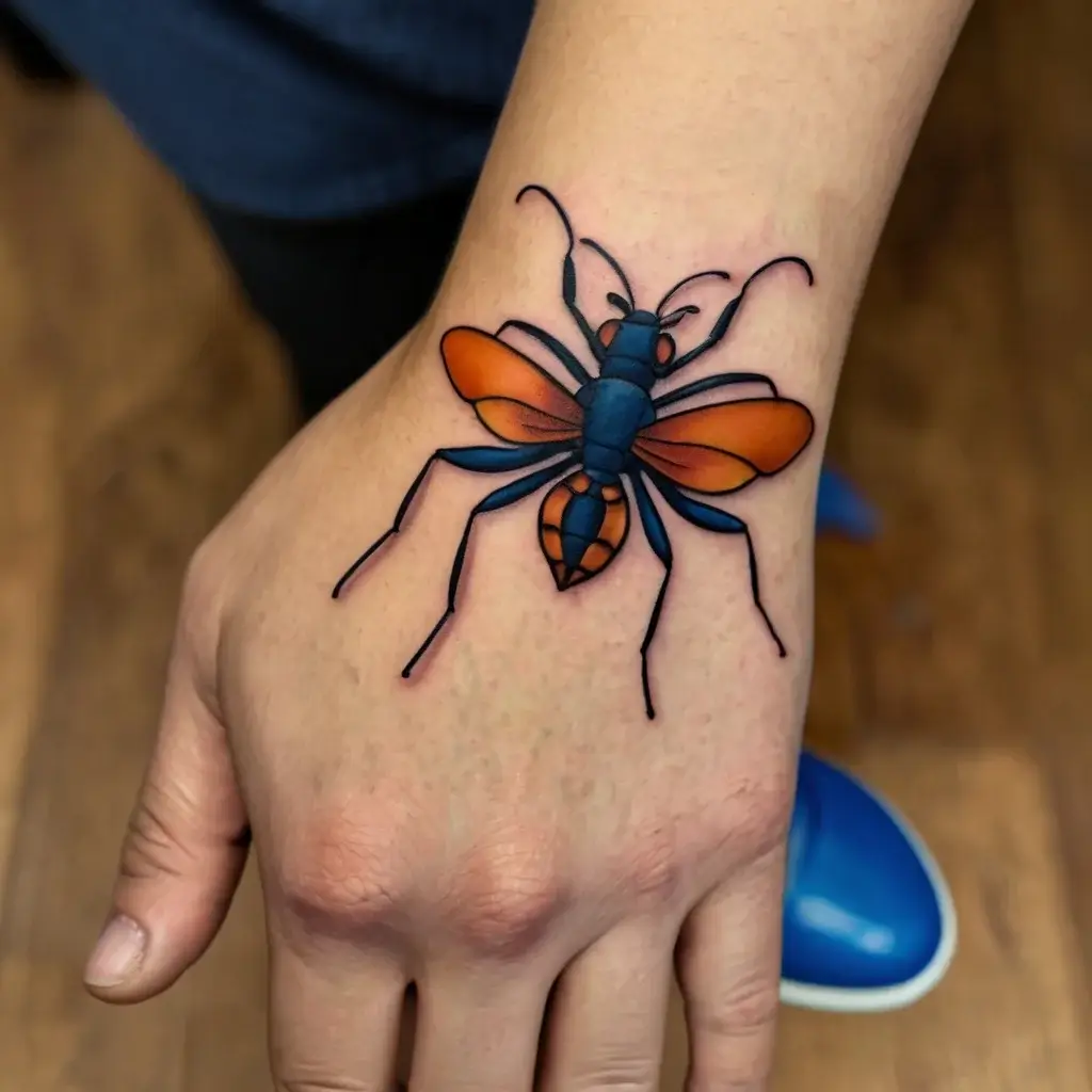 A vibrant tattoo of a wasp on a hand, featuring bold black outlines with vivid orange and blue shading.