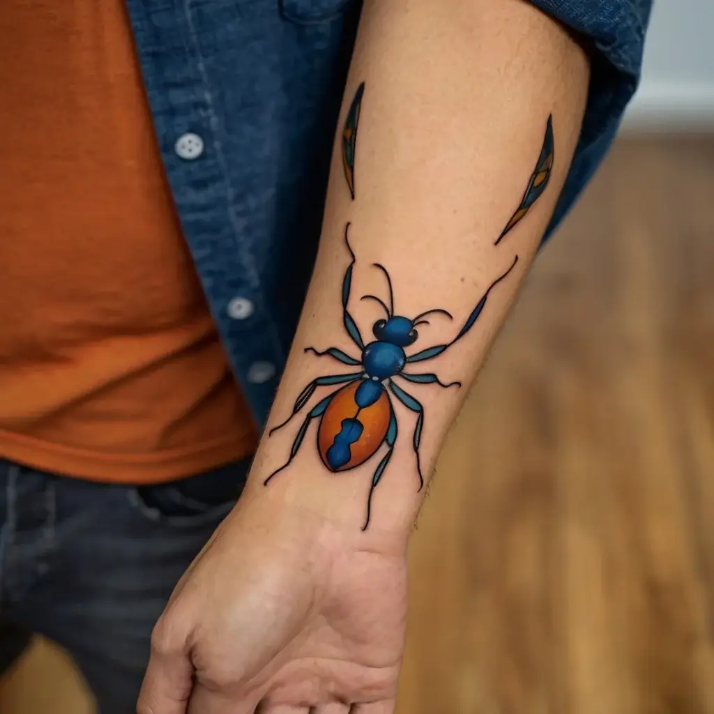 Tattoo of a vibrant blue and orange ant with bold outlines on the forearm, featuring stylized antennae accents.