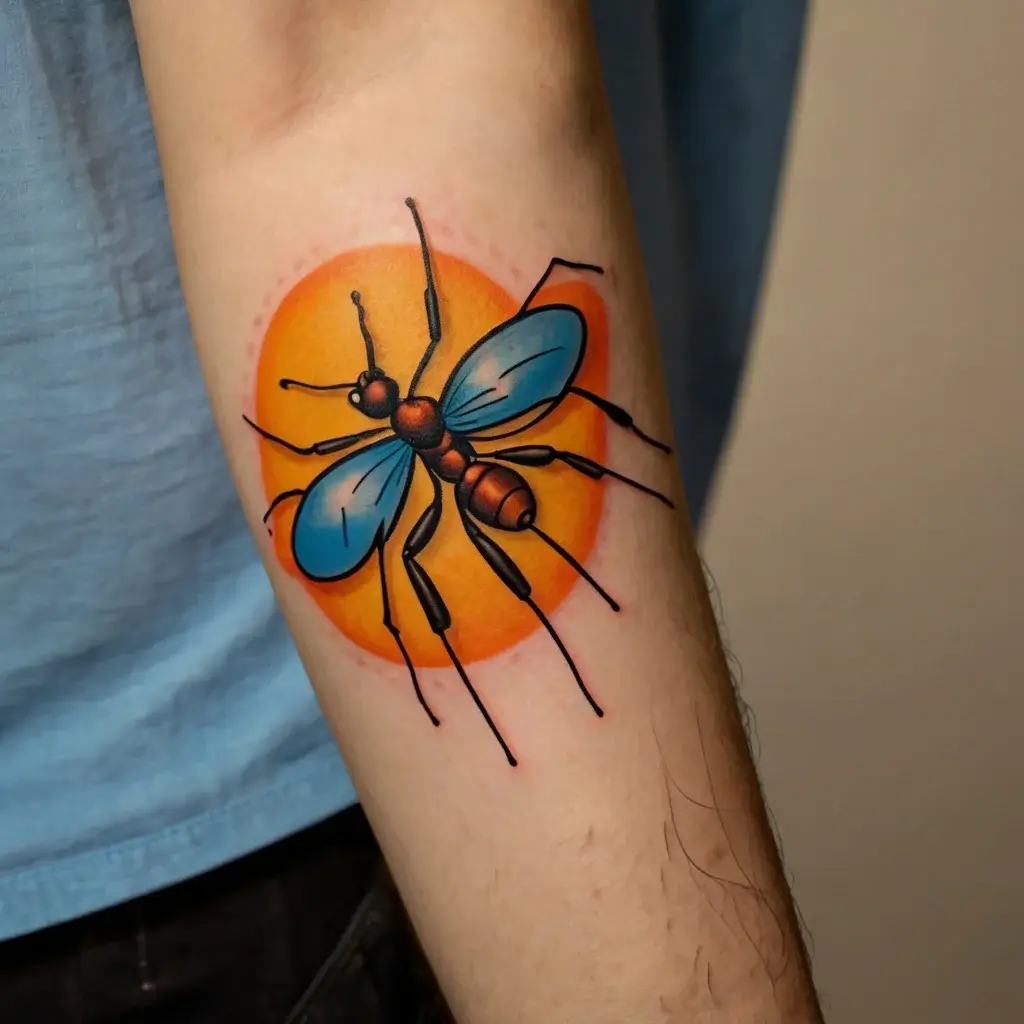 Bold, colorful tattoo of an ant with blue wings, set against a vibrant orange circle, on an inner forearm.