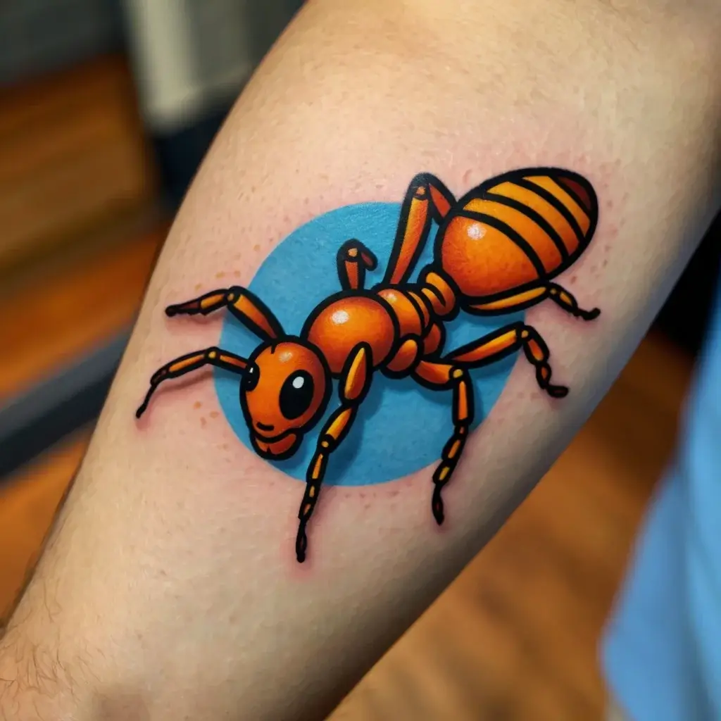 Cartoon-style ant tattoo with vibrant orange hues, bold outlines, and a blue circular background on forearm.