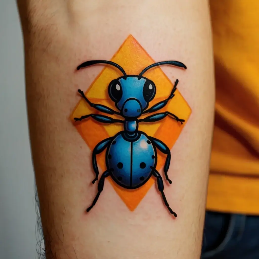 A vibrant tattoo of a blue cartoon ant on an orange diamond background, blending bold outlines and shading for a playful effect.