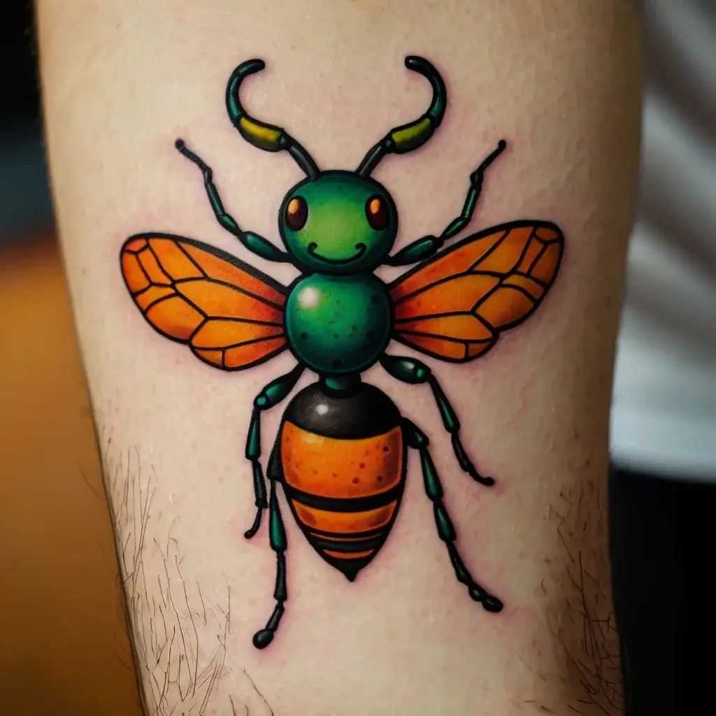 Colorful bug tattoo with a cartoon style; green head and chest, orange wings and abdomen, outlined in bold black.