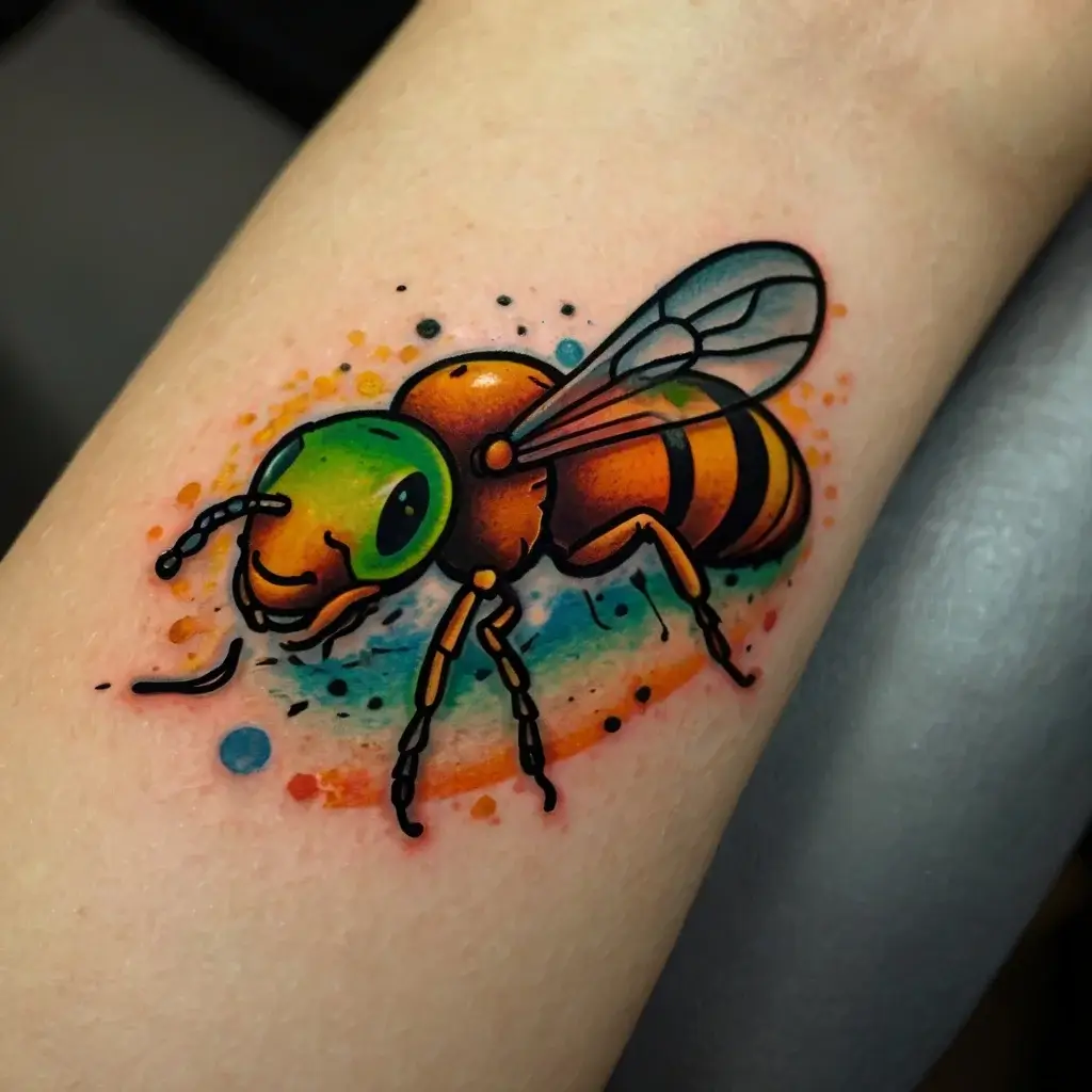 Colorful cartoon bee tattoo with vibrant green face and orange-yellow body, set against a splatter of blue and orange.