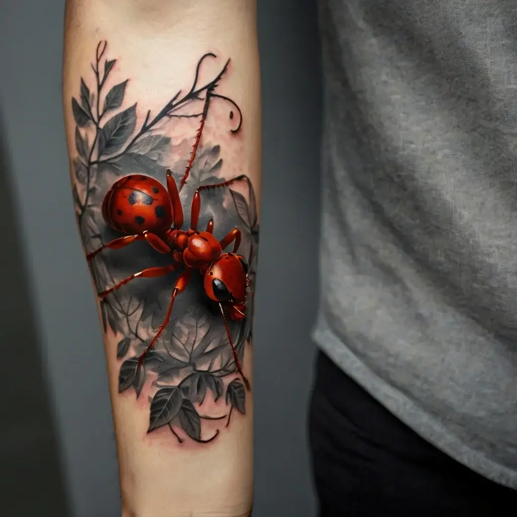 Realistic 3D red ant tattoo on forearm, crawling over shaded black leaves, creating a vivid and textured illusion.