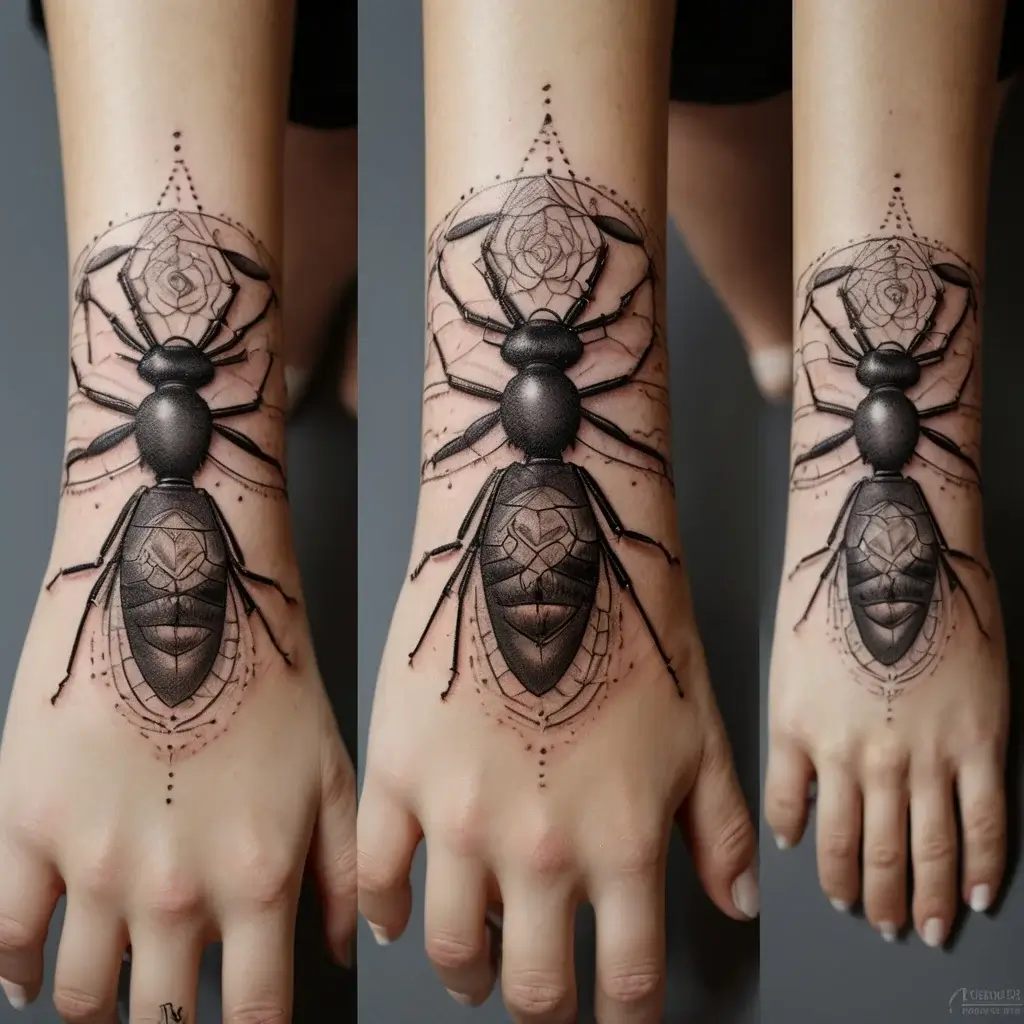 Detailed black ink ant tattoo on forearm with geometric patterns and dotwork, blending nature and symmetry beautifully.