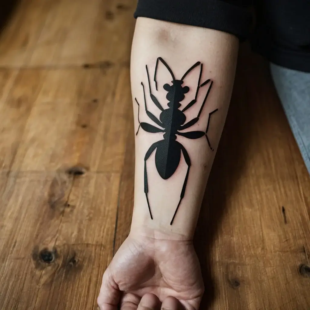 Black ant tattoo on forearm, featuring bold geometric lines and solid shapes for a modern, minimalist look.