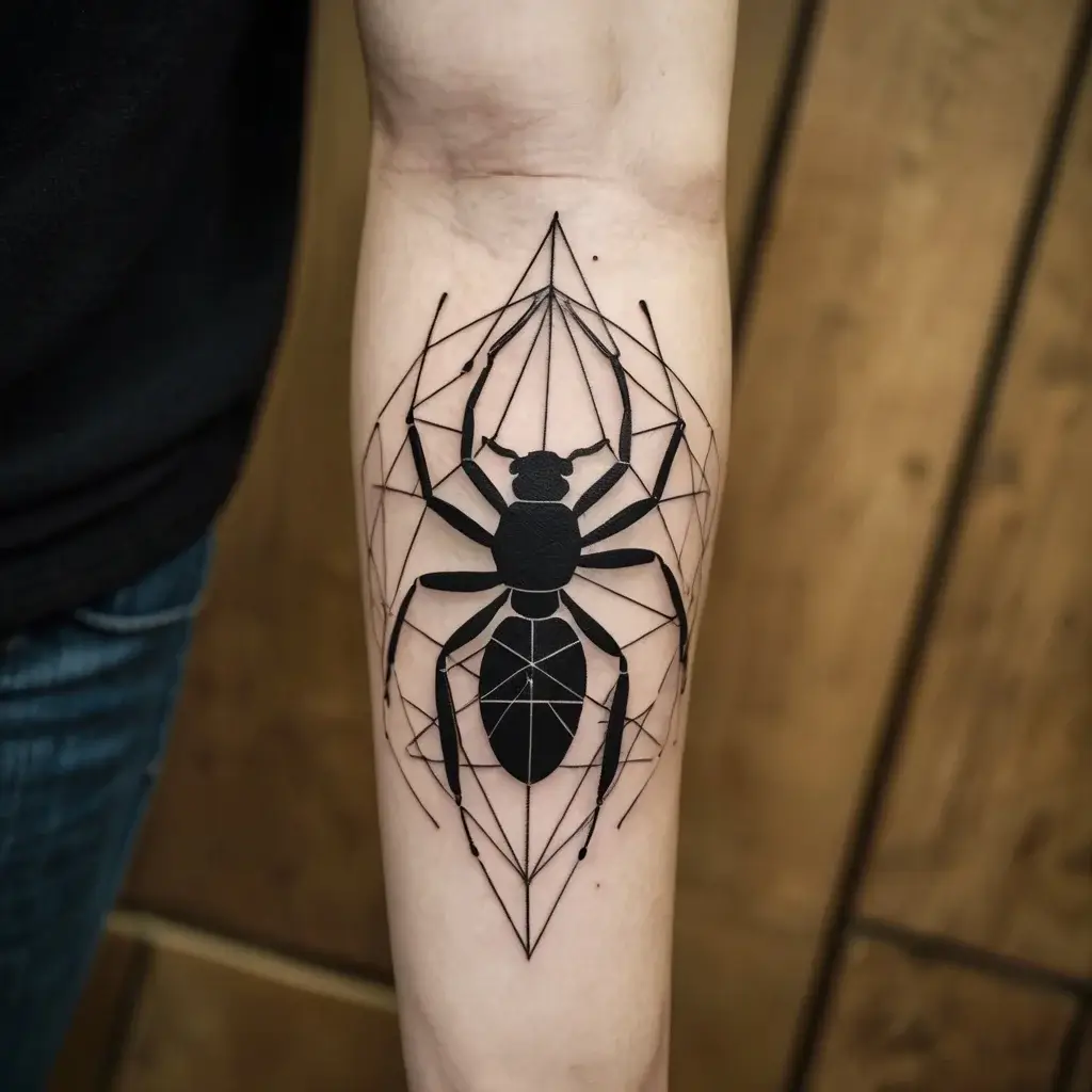 Tattoo of a bold black spider within a geometric web design, featuring sharp lines and symmetrical patterns on the forearm.