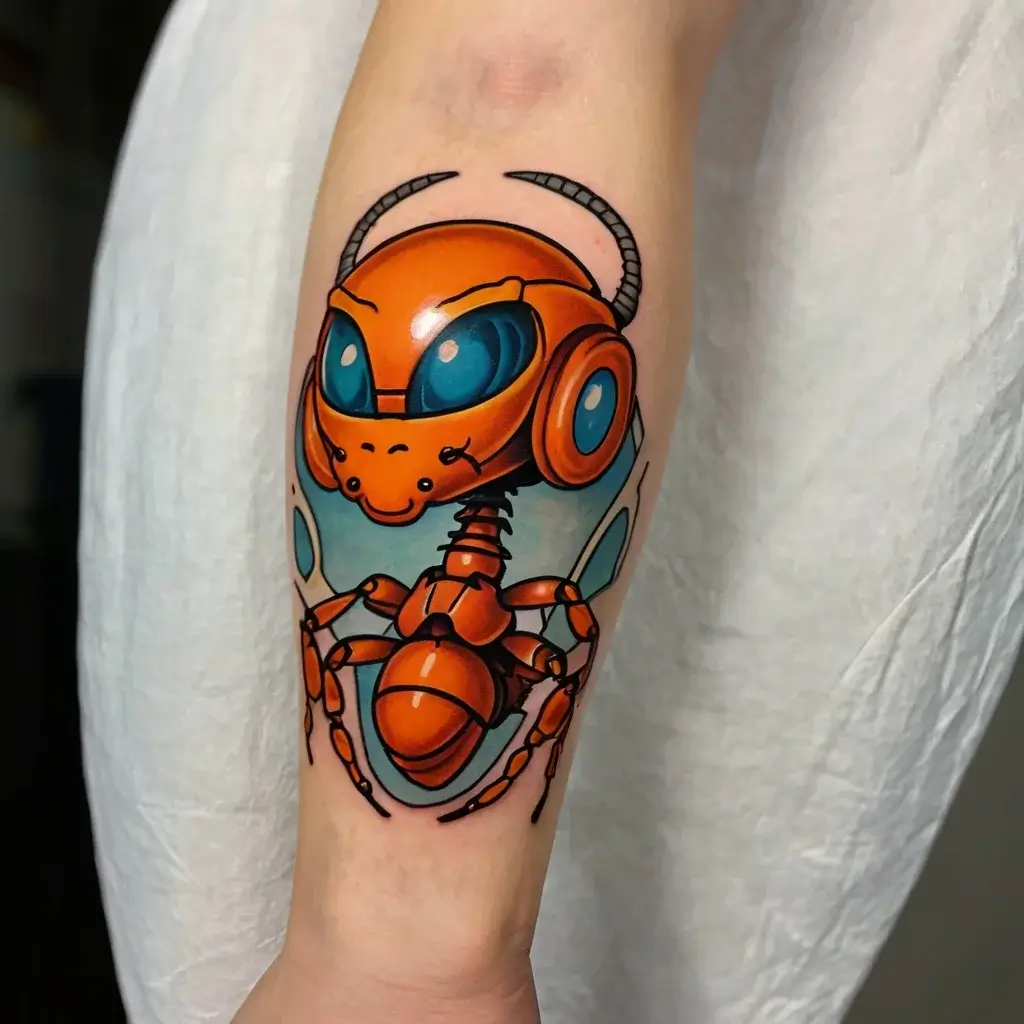 Tattoo of a vibrant orange robotic ant with metallic blue eyes, featuring dynamic outlines and shading for a futuristic look.