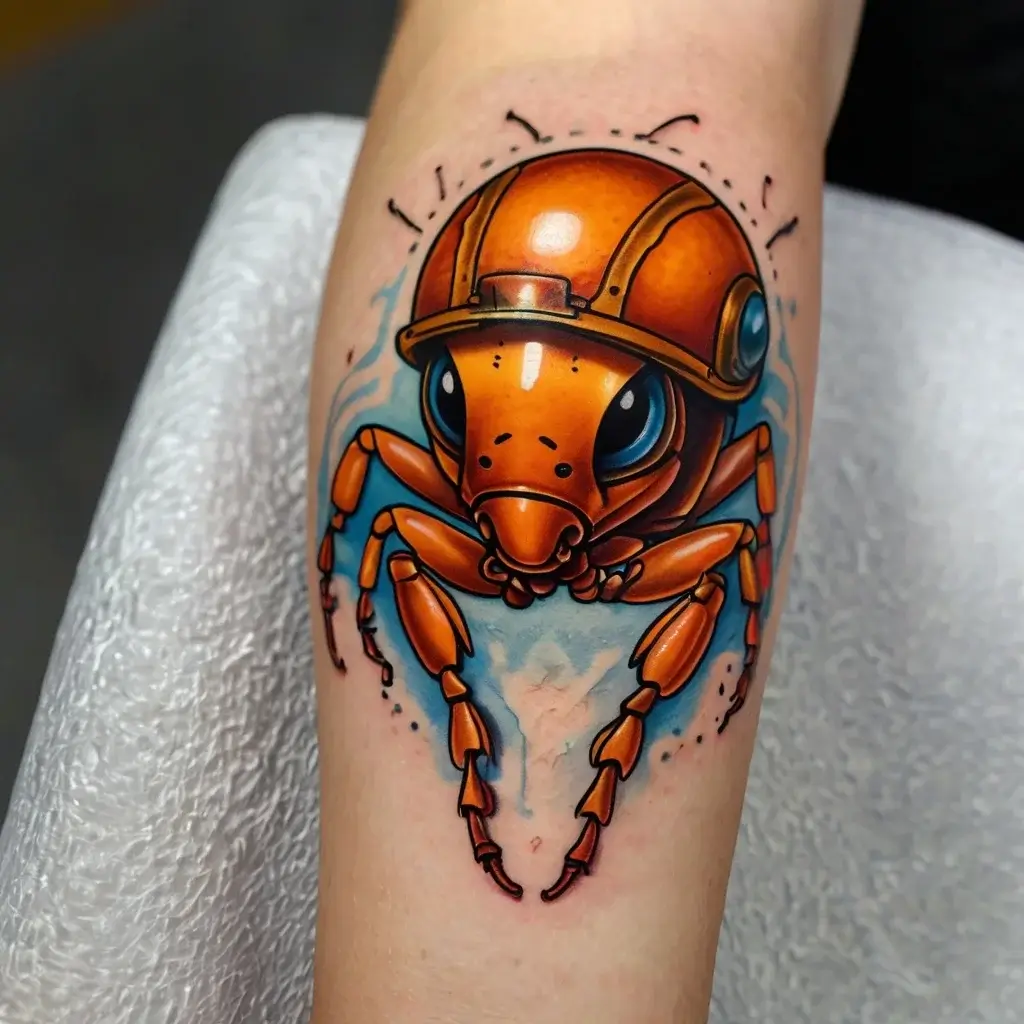 Tattoo of a vibrant orange cartoon beetle in a helmet, with exaggerated eyes and detailed shading on a forearm.