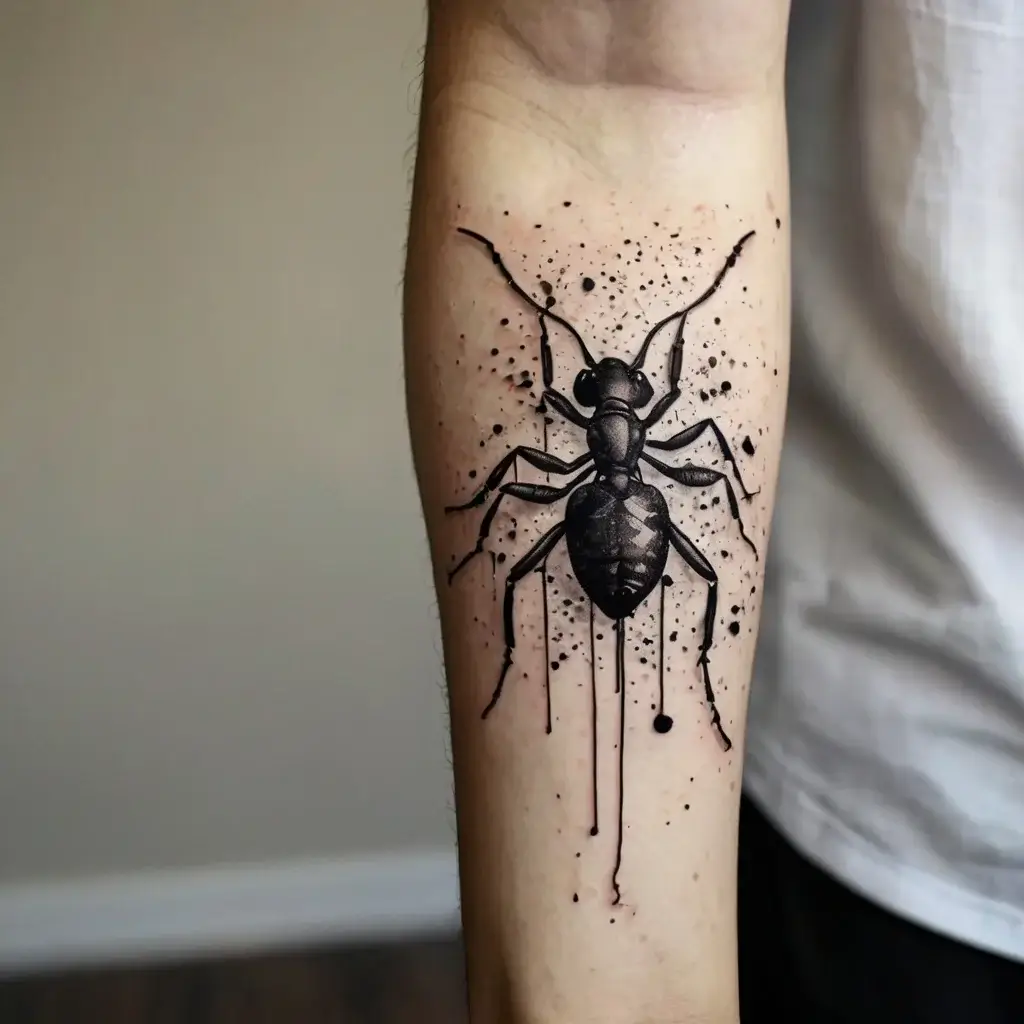 Realistic black ink ant tattoo on forearm with splatter effect, giving a dynamic and edgy appearance.