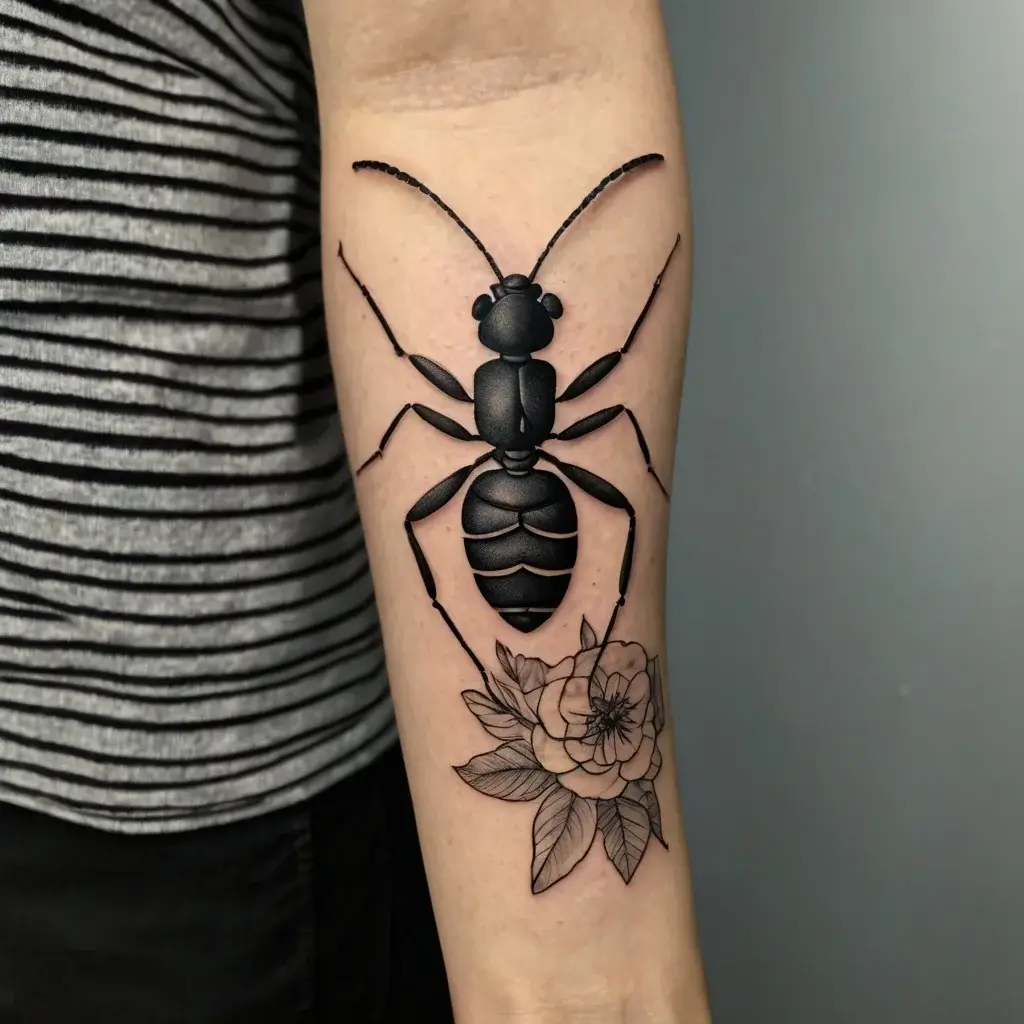 Tattoo of a detailed black ant on the forearm, combined with a delicate gray flower at the base, symbolizing resilience.