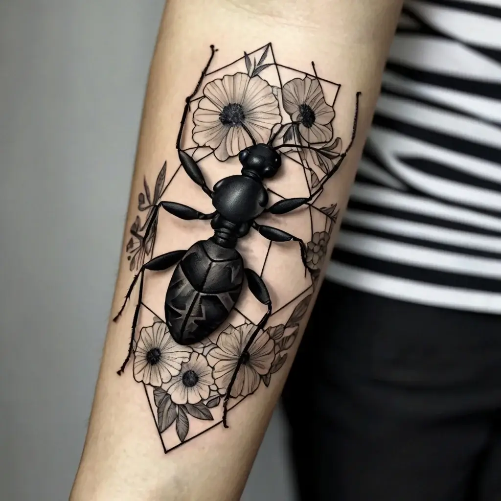 Tattoo of a detailed black ant over geometric shapes and flowers, blending realism with intricate line work.