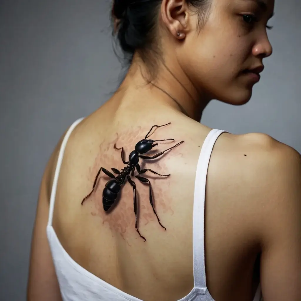 Realistic 3D ant tattoo on shoulder, with intricate details creating a lifelike appearance, symbolizing strength and teamwork.