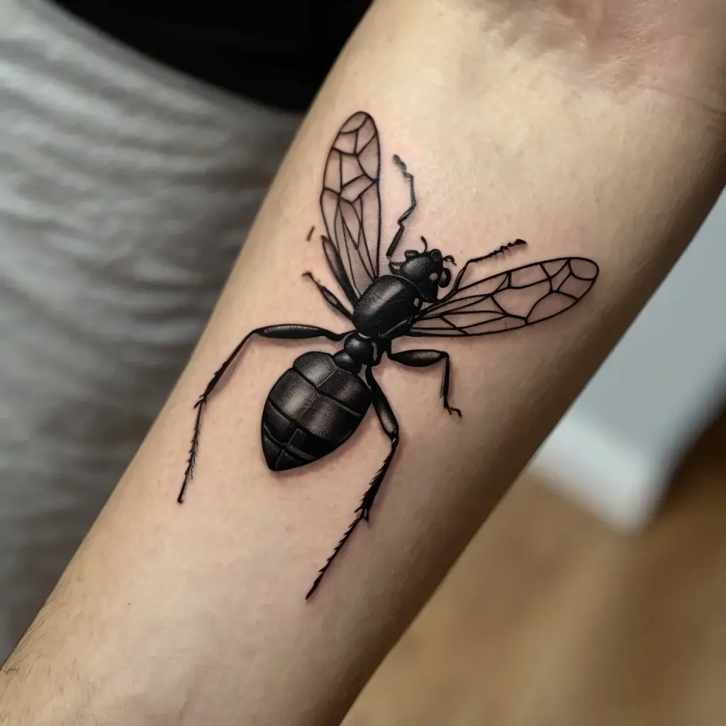 Realistic black and gray tattoo of a detailed fly on the forearm, featuring intricate wing patterns and textured body.