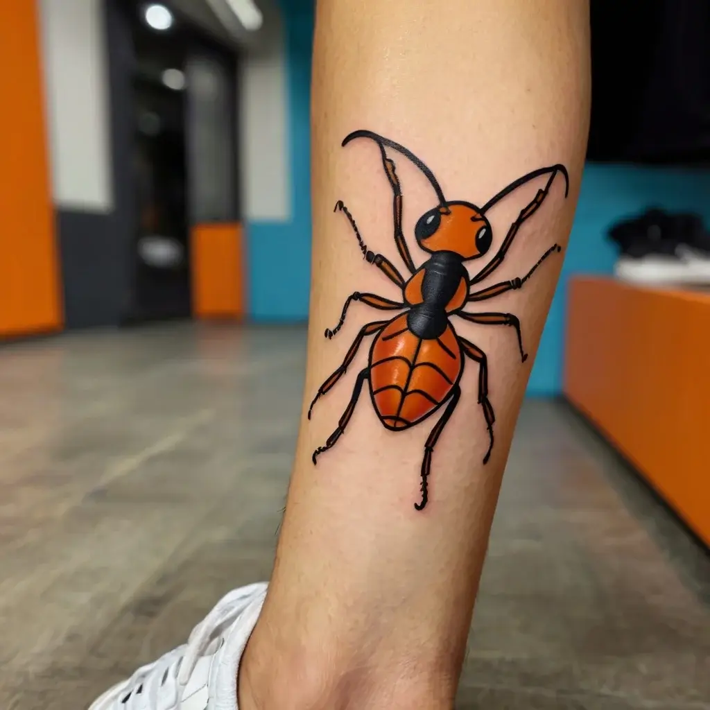 Bold vibrant wasp tattoo with detailed black outlines, orange and black body segments, and realistic placement on the leg.