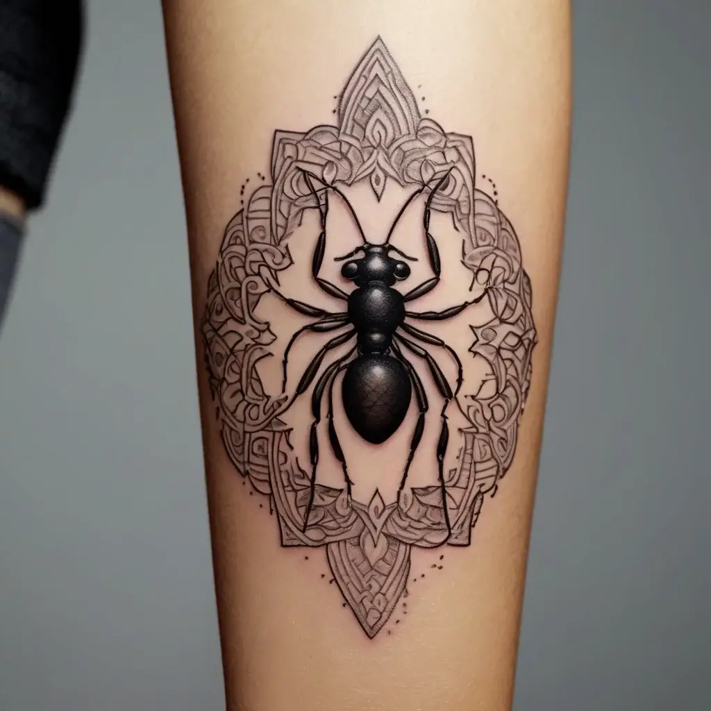 Intricate tattoo of a realistic ant centered on an ornate geometric pattern with fine dot work details.