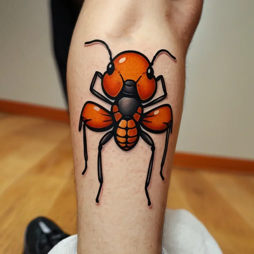 Tattoo of a vibrant red ant with bold outlines and detailed shading on the leg, showcasing a realistic, modern design.