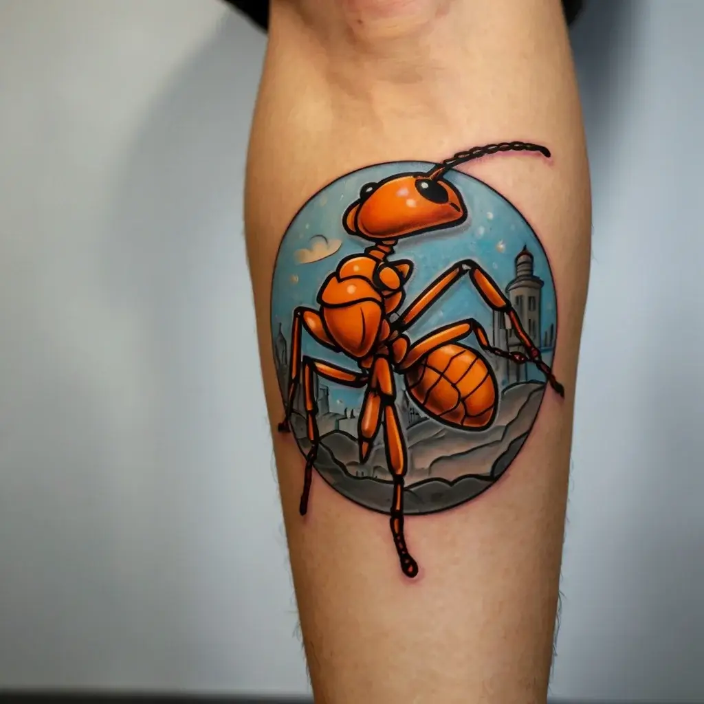 Vibrant ant tattoo in neo-traditional style, set against a circular background with a cityscape and cloudy sky.