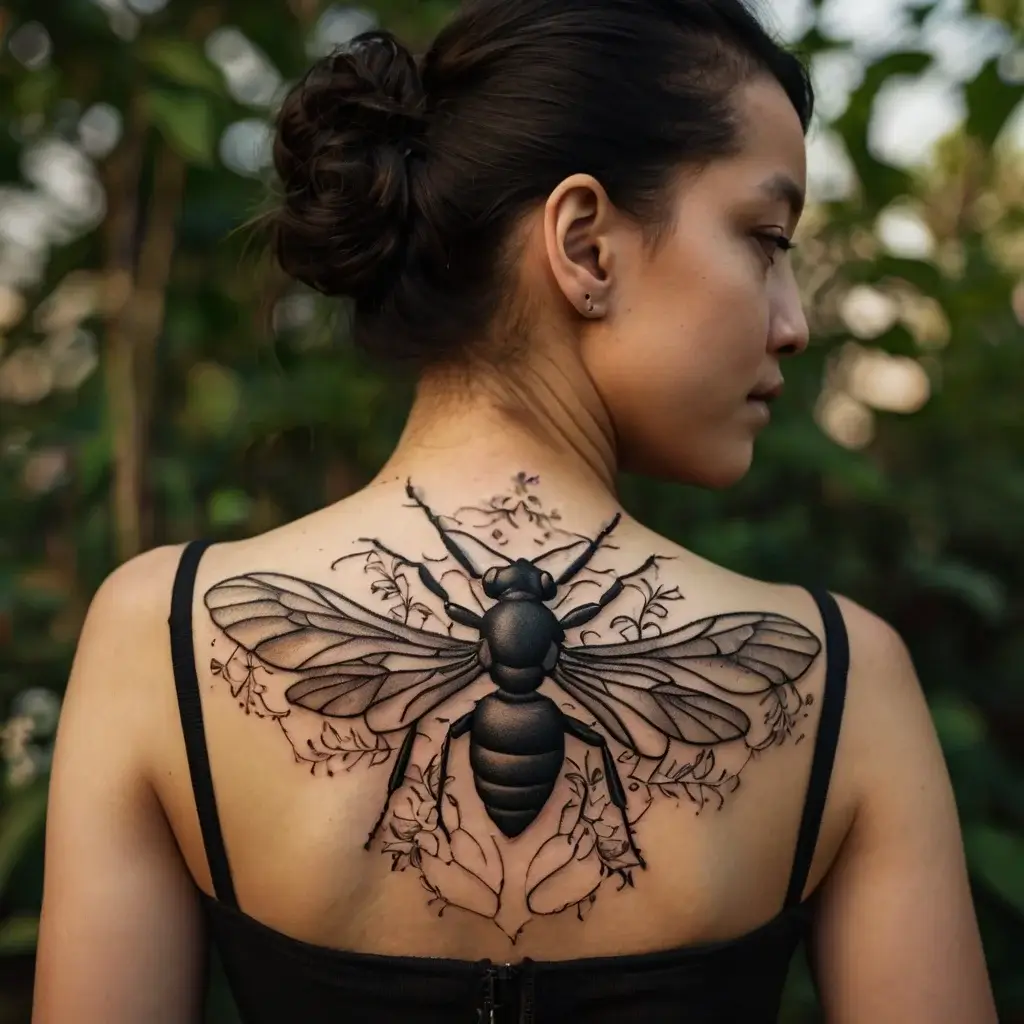 Back tattoo of a detailed bee with leafy wings and branches, symbolizing nature and transformation.