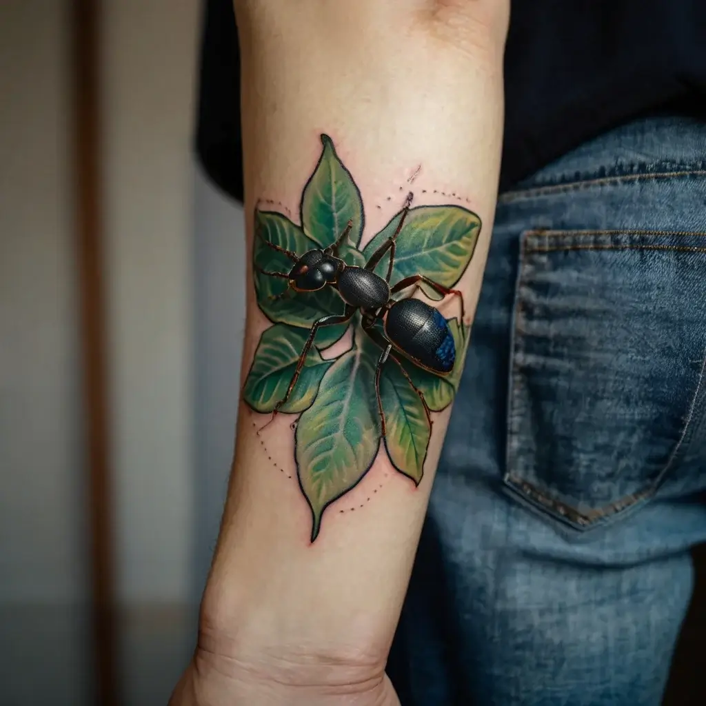 Tattoo of a realistic black ant on lush green leaves, intricately detailed with shadows and highlights on the forearm.