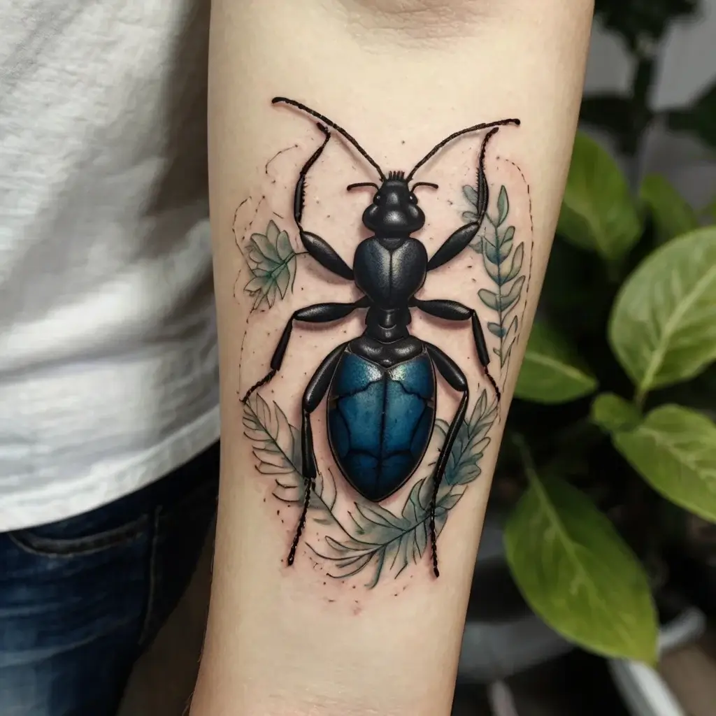 Realistic blue ant tattoo with detailed shading, surrounded by delicate green leaves on the inner arm.