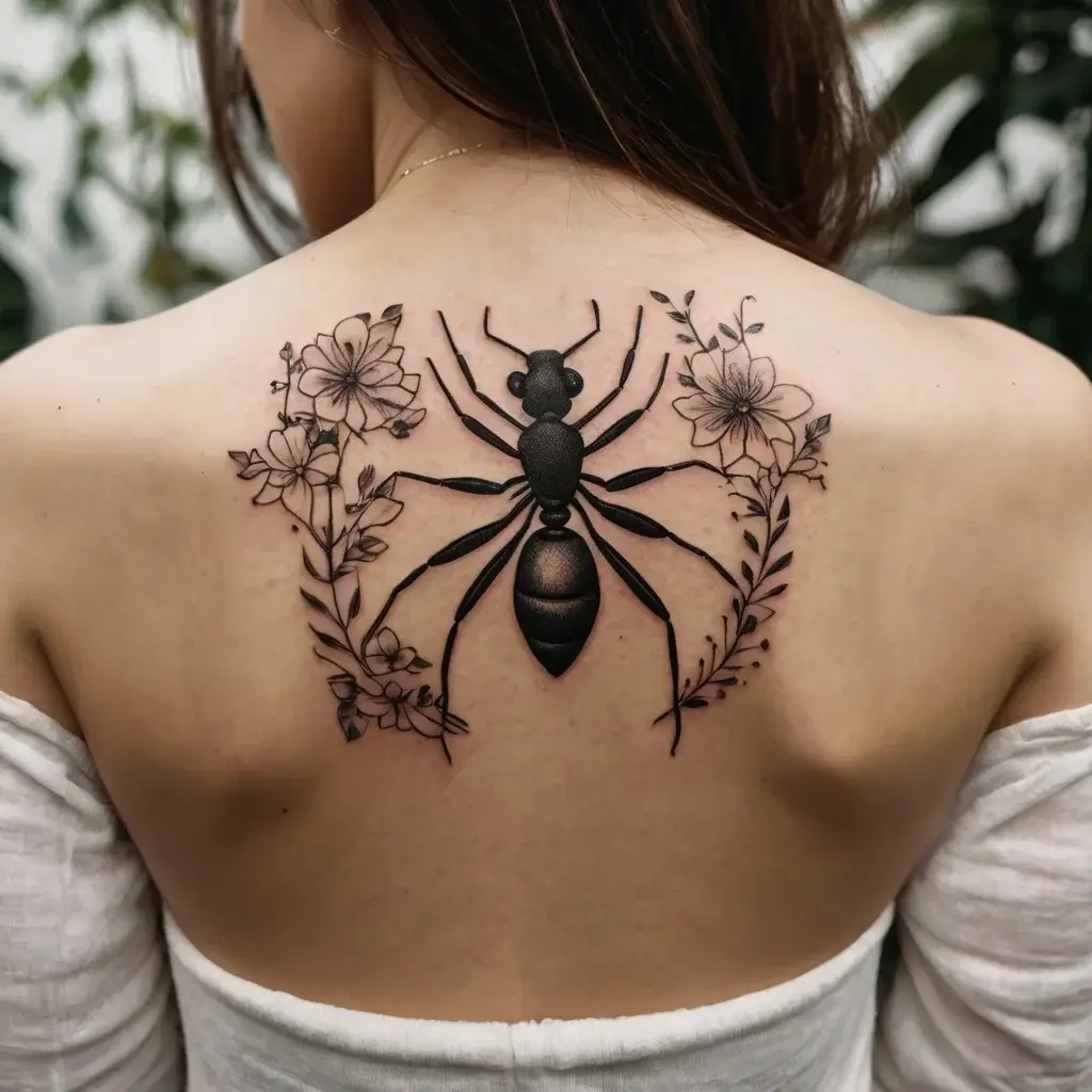 Detailed ant tattoo on upper back, flanked by delicate floral designs and leafy branches, symbolizes strength and unity.