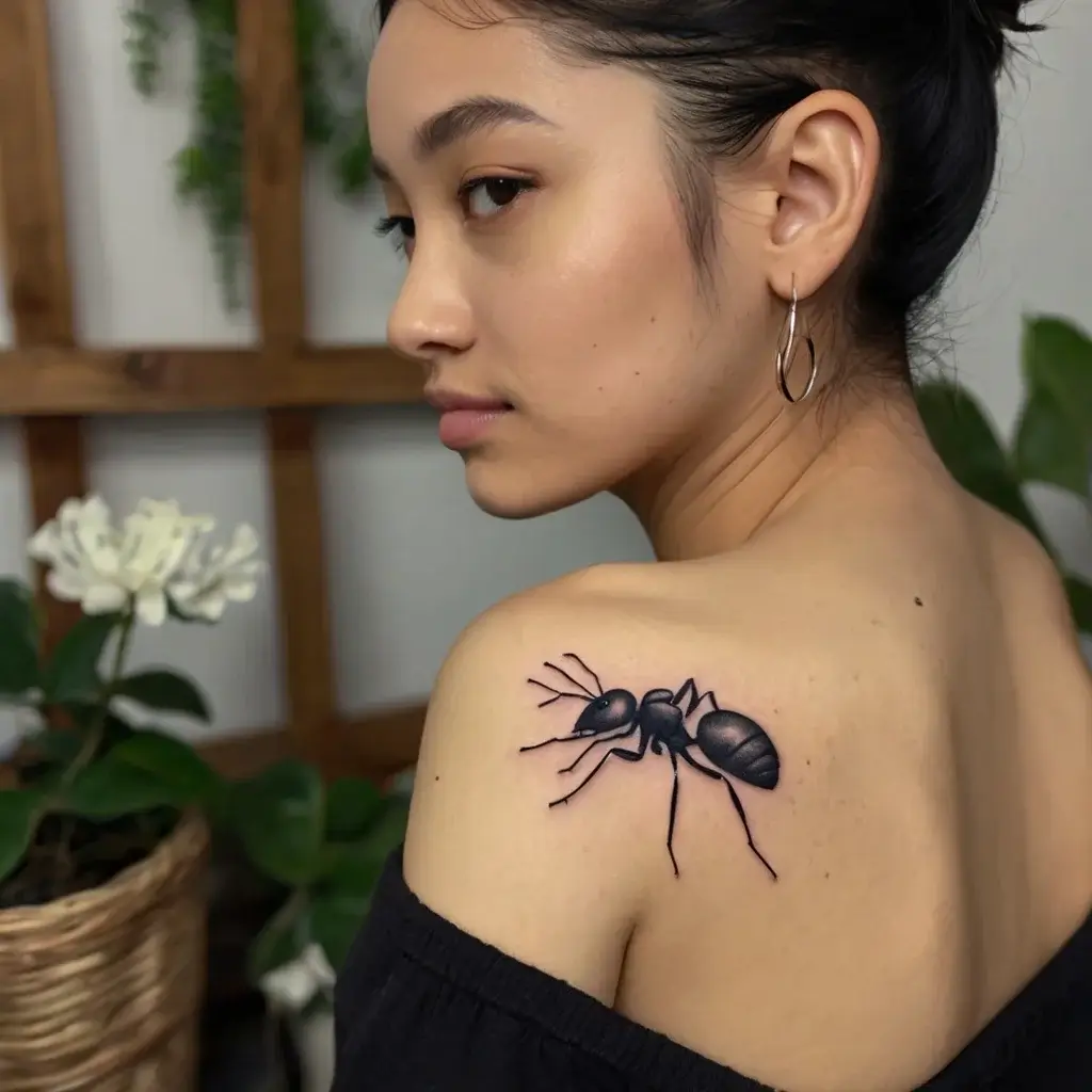 Realistic black ant tattoo on shoulder, showcasing meticulous shading and lifelike details for a 3D effect.