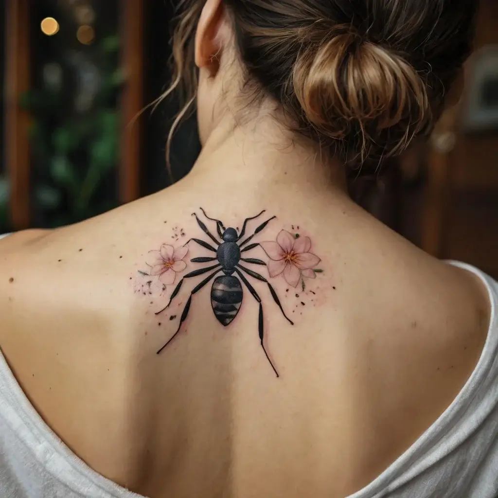 Tattoo of a realistic black insect with delicate pink flowers on either side, centered on the upper back.