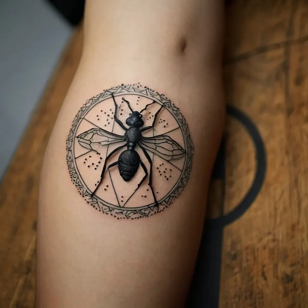 Intricate tattoo of a detailed wasp on a geometric circle, accentuated with decorative patterns and dot work.